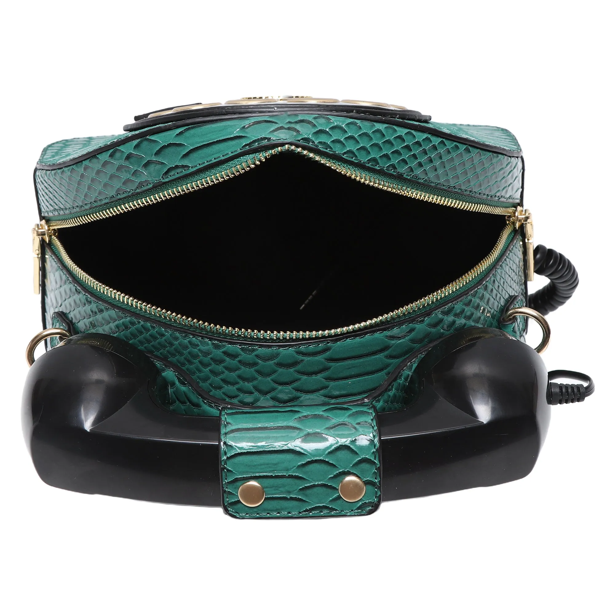A subtle three-dimensional telephone landline crossbody bag