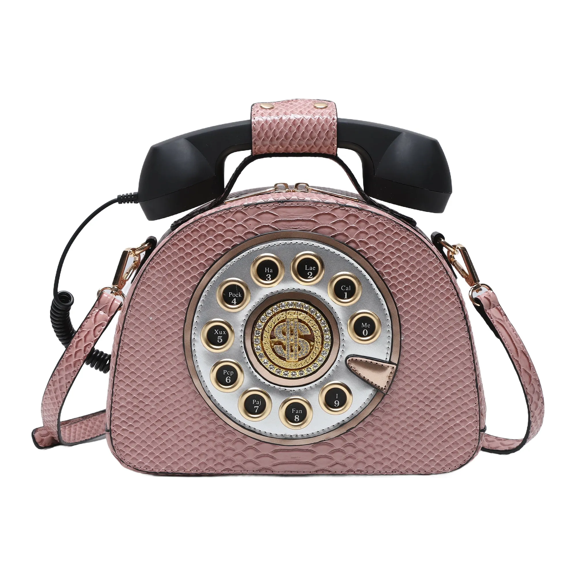 A subtle three-dimensional telephone landline crossbody bag