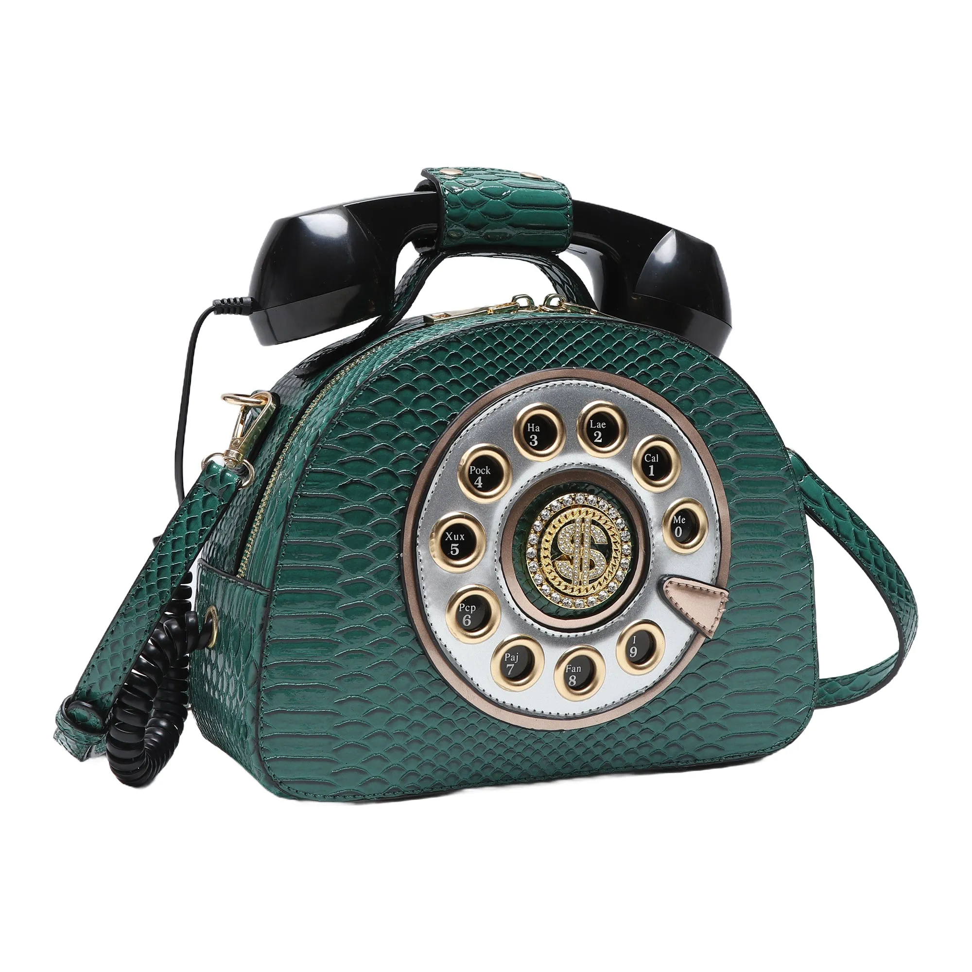 A subtle three-dimensional telephone landline crossbody bag