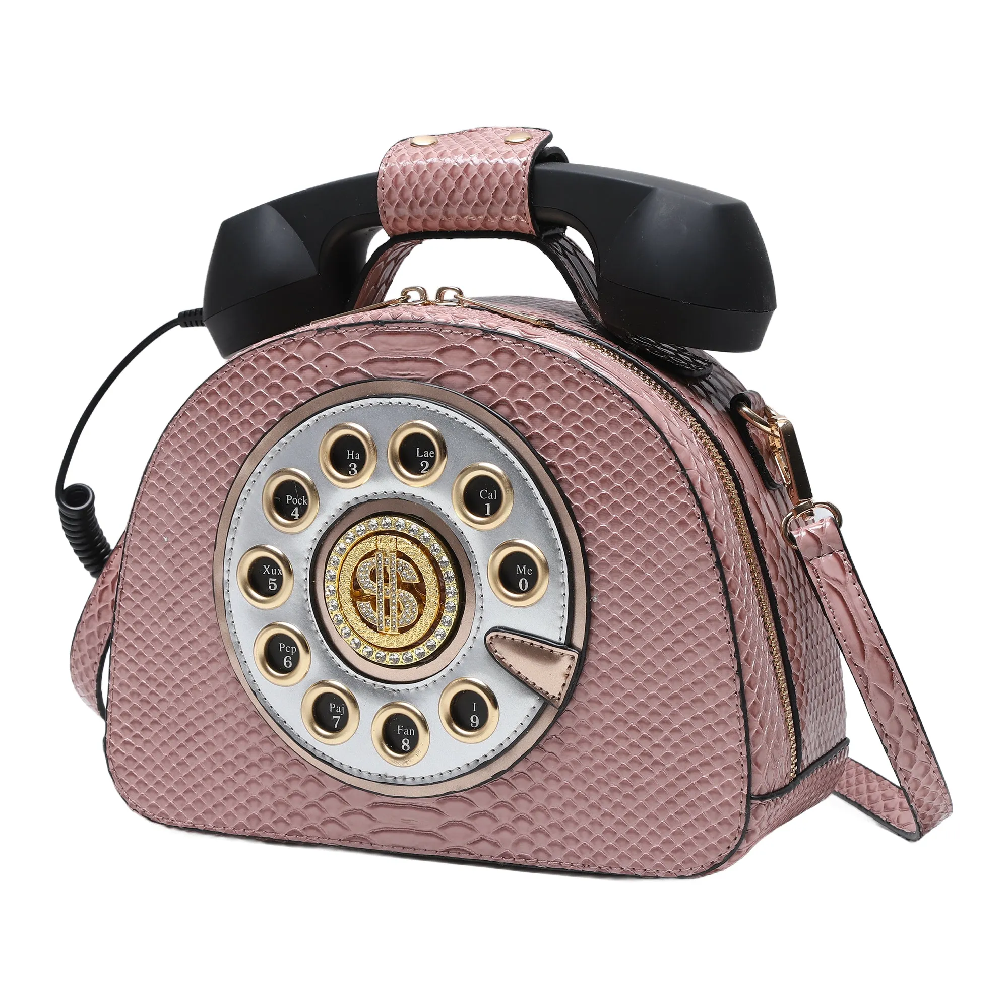 A subtle three-dimensional telephone landline crossbody bag