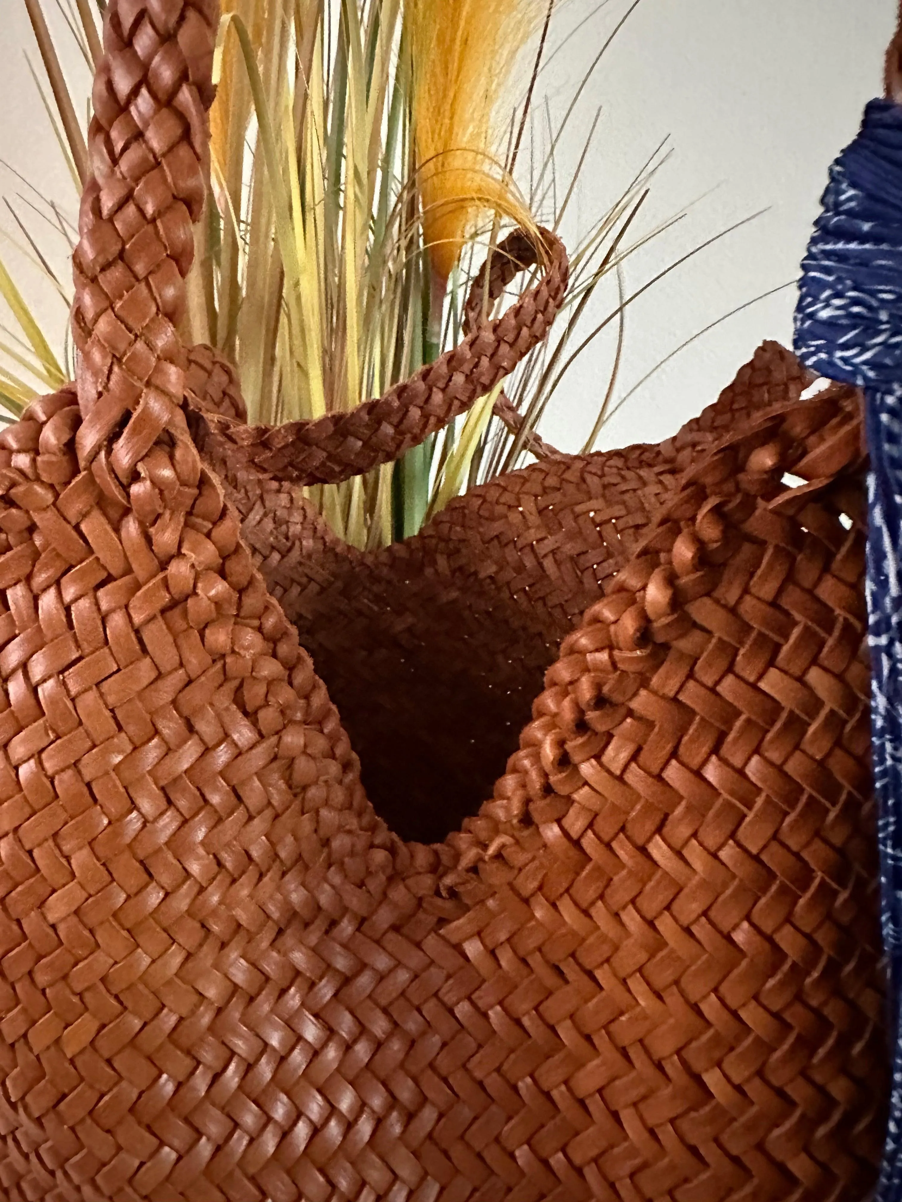 Large Italy Leather interwoven Hobo Tote Bag, Full Grain Leather Triple Bamboo Bag, Summer Beach Bag, Handcrafted Designer Basket Bag