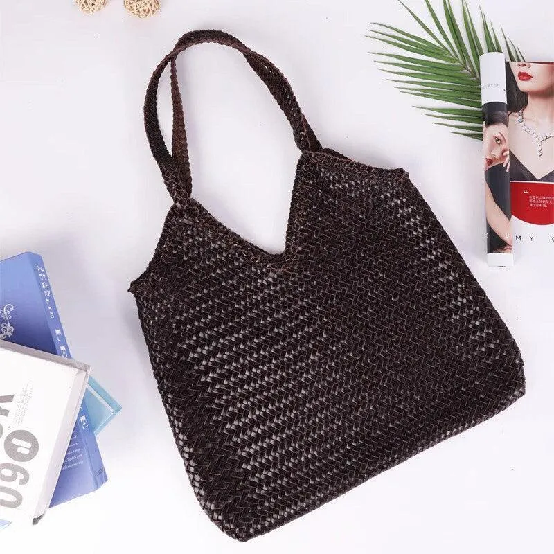 Large Italy Leather interwoven Hobo Tote Bag, Full Grain Leather Triple Bamboo Bag, Summer Beach Bag, Handcrafted Designer Basket Bag