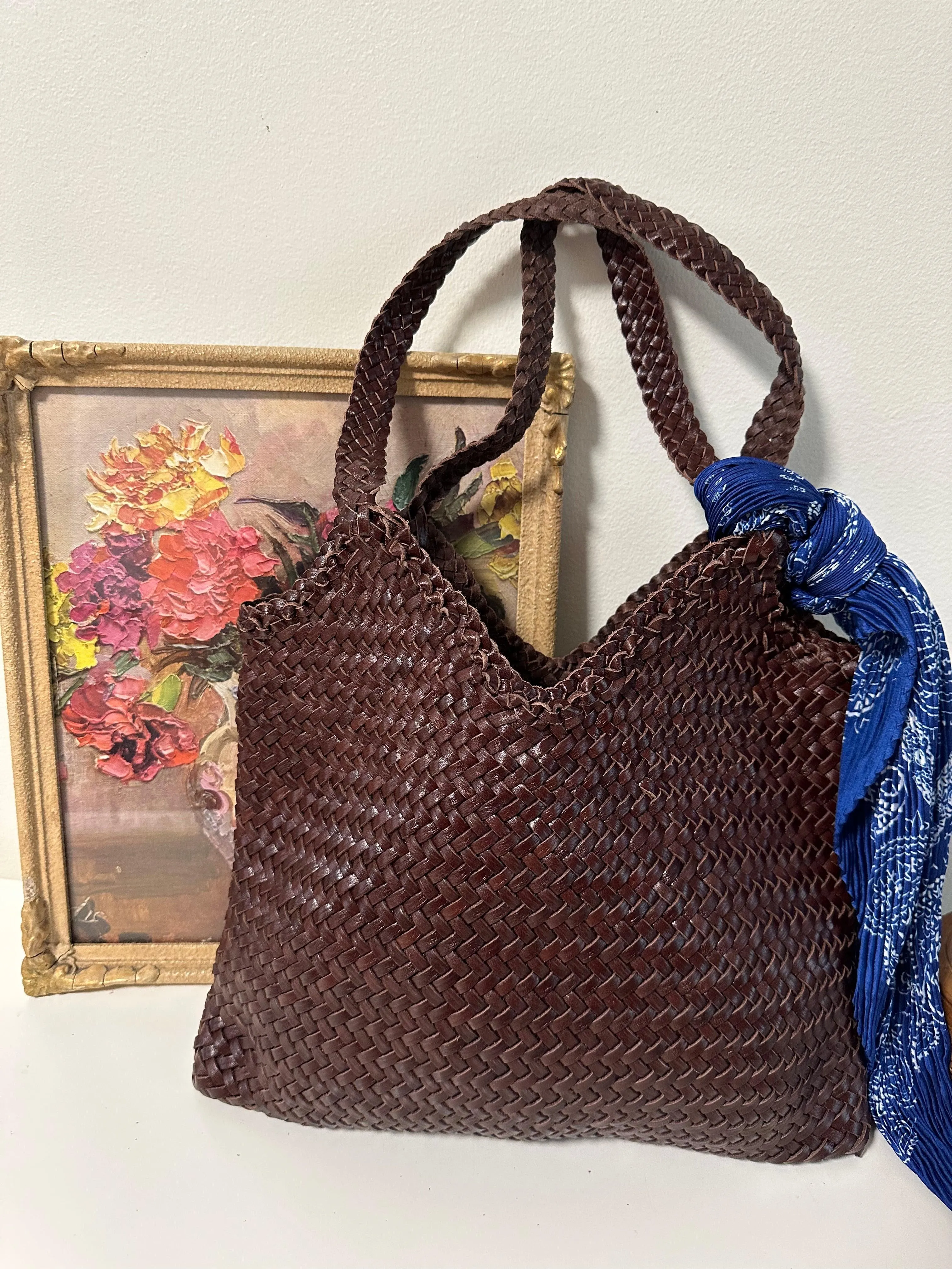 Large Italy Leather interwoven Hobo Tote Bag, Full Grain Leather Triple Bamboo Bag, Summer Beach Bag, Handcrafted Designer Basket Bag