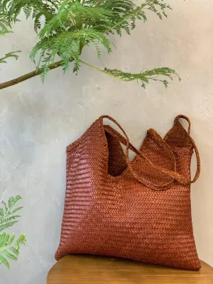 Large Italy Leather interwoven Hobo Tote Bag, Full Grain Leather Triple Bamboo Bag, Summer Beach Bag, Handcrafted Designer Basket Bag