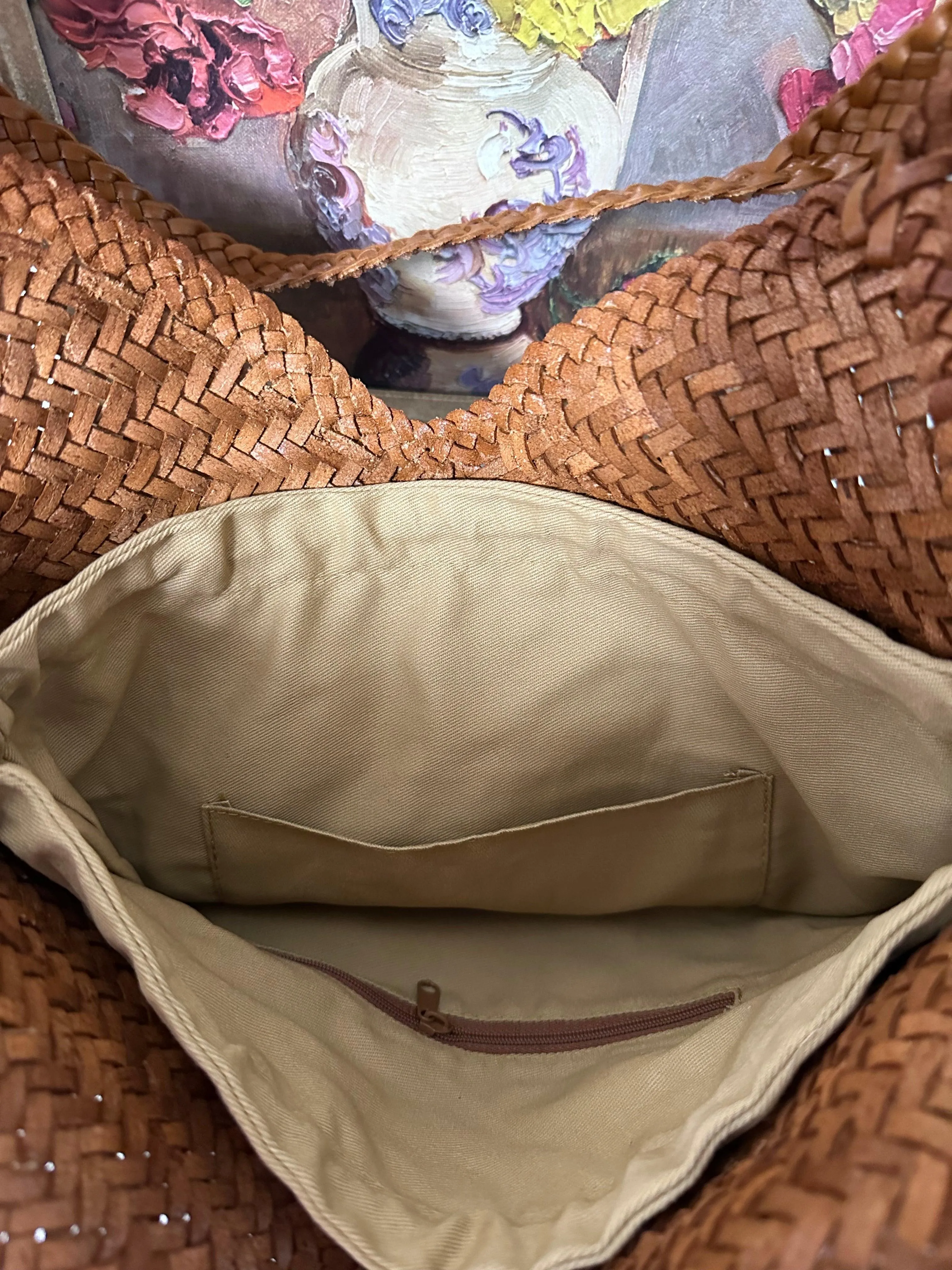 Large Italy Leather interwoven Hobo Tote Bag, Full Grain Leather Triple Bamboo Bag, Summer Beach Bag, Handcrafted Designer Basket Bag
