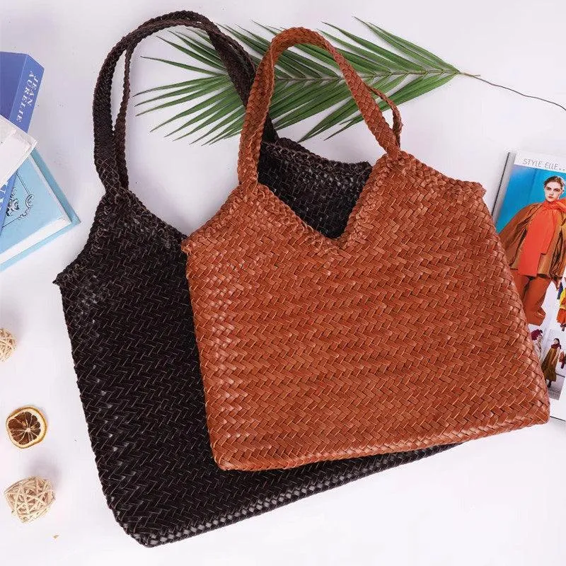 Large Italy Leather interwoven Hobo Tote Bag, Full Grain Leather Triple Bamboo Bag, Summer Beach Bag, Handcrafted Designer Basket Bag